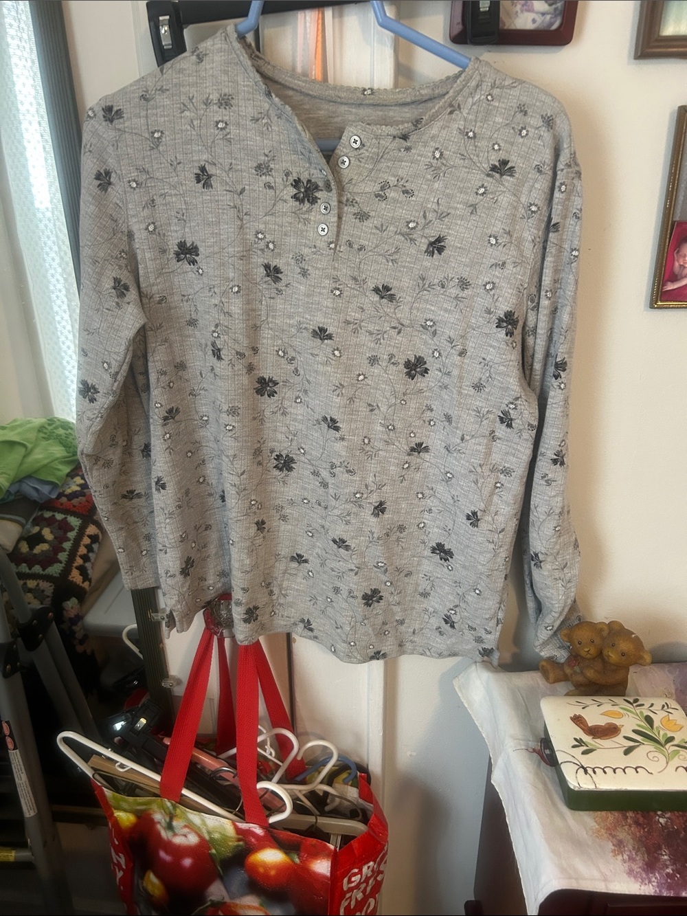 Gray Floral Henley Long Sleeve Top